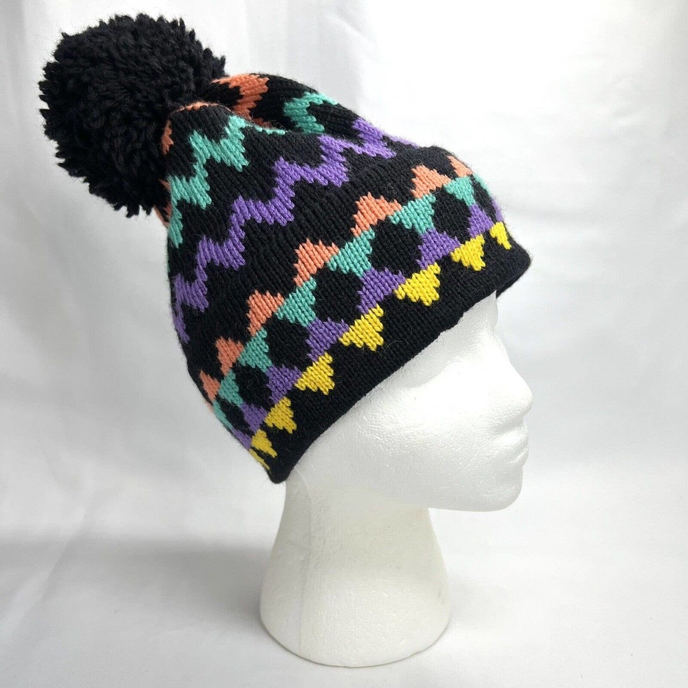 Vintage Lise's Lids 100% Wool Hat Ski Beanie Knit Snow Pom Black Made in USA OS